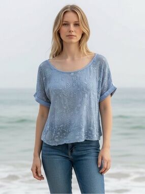 Sundance - Eden Springs Chiffon Embroidered Top - Dusty Blue